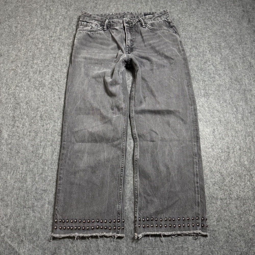 AllSaints Ava Studded Hem Wide Leg Jeans Washed Black Grey W31